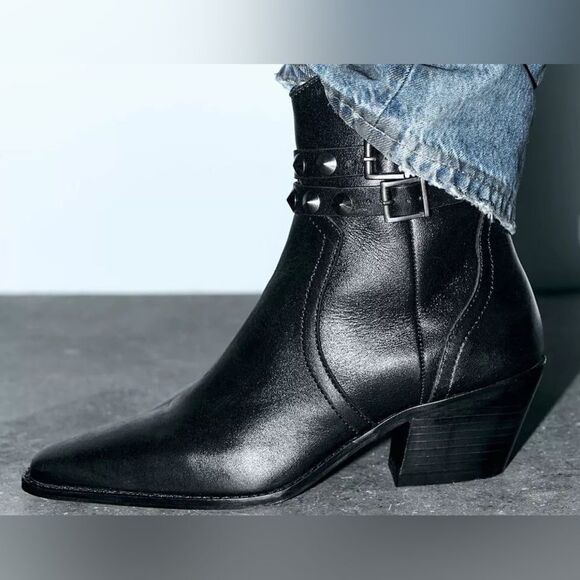 Zara Black Leather Strap Cowboy Comfortable Block Heel Ankle Boots - Picture 9 of 10